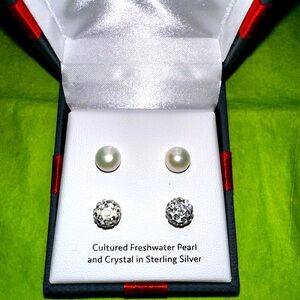NWT 2PC Cultured FW Pearl / Crystal Sterling SilverStud set